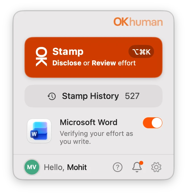 OKhuman Companion window: a Stamp button labelled 'Disclose or Review effort', a Stamp History count of 527, and Microsoft Word toggled on — verifying your effort as you write